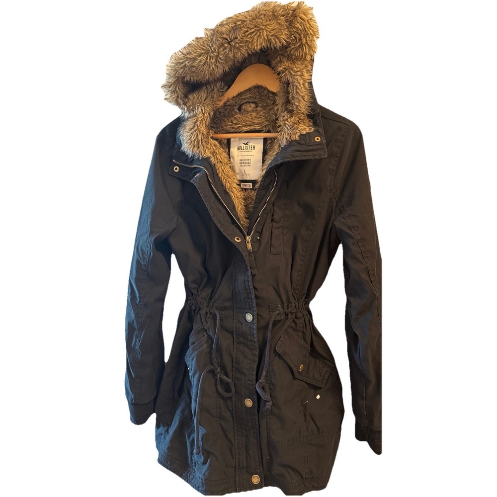 Hollister Heritage Collection Faux Fur Lined Parka Jacket Womens Large Black